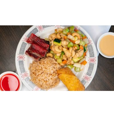 7. Cashew Chicken, BBQ Spareribs, Egg Roll, Fried Rice