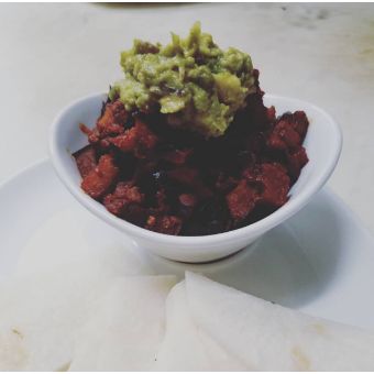 Eggplant Adovada, Guacamole w/ Jicama Chips