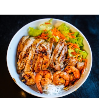 54. grilled shrimp and chicken noodle bowl