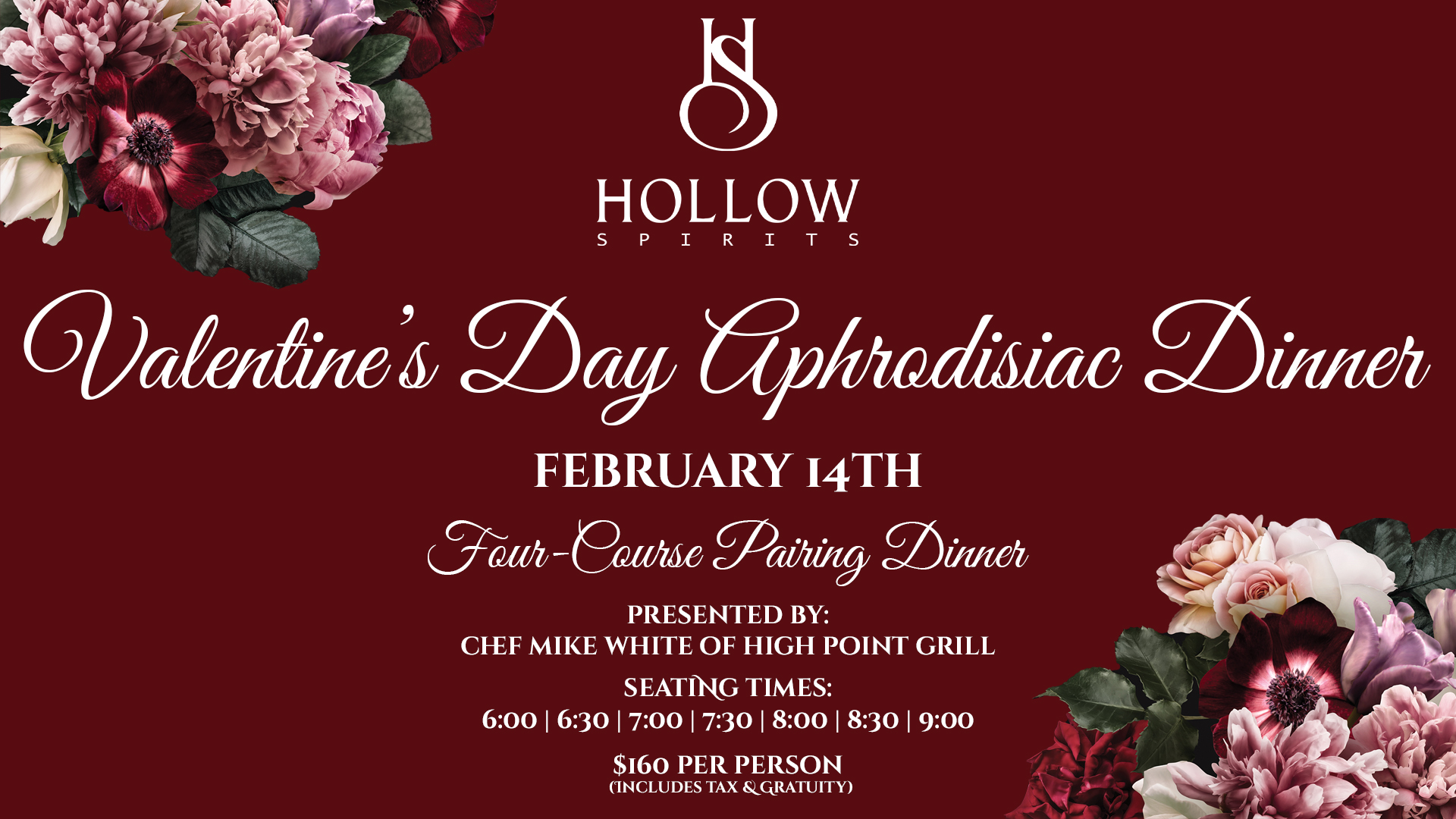 6pm Valentine's Day 4-Course Dinner and Pairing with Hollow Spirits Cocktails